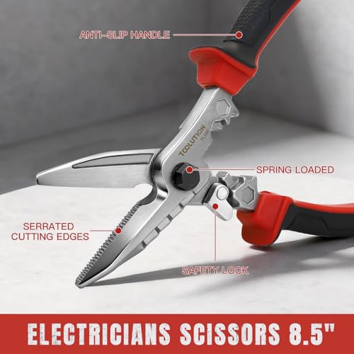 Electrician Utility Scissors Metal Cutting Tool Tin Snips | Heavy Duty with Cable Cutter, Crimping Tool & Hex Wrench Safety Lock for Sheet Metal, Hardware Cloth, Carpet, Cardboard