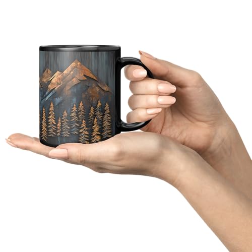 Mountains and Forest Trees Coffee Mug – One Mug, Full Wrap Design (Not Textured) – Outdoorsy Gift for Nature Lovers, Hikers, Campers & Rustic Cabin Decor – 11oz Black Ceramic Cup - size: 11 Ounces