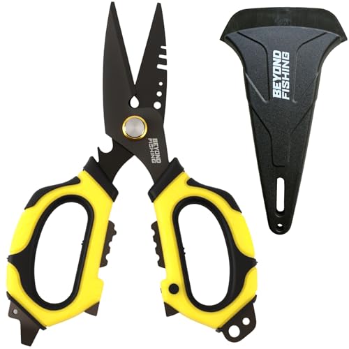 Beyond Fishing 6.5" Pro Fishing Shears Dual Serrated Blades, Fishing Braided Line Scissors with Titanium Coating, Non-Slip Grip & Multifunction Tool, Includes Hard Molded Locking Sheath - color: Omnipro - Black and Yellow