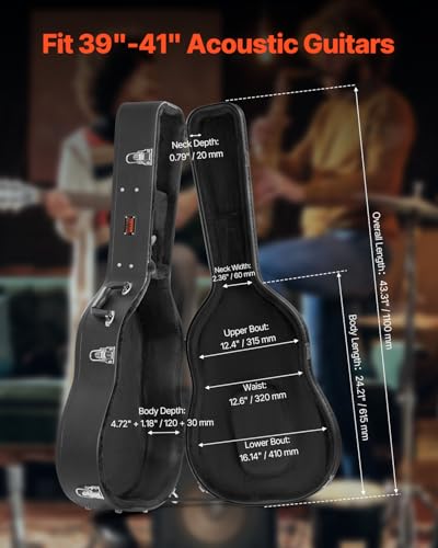 VEVOR Acoustic Guitar Hard Case, 43.31 in Gourd-Shaped Guitar Hard Case, With Lock Latch Key Handle, PVC Padding Soft Lining Water-Resistant Hard Shell Guitar Case, for 39-41 in Acoustic Guitar, Black | With Lock Latch Key Handle, PVC Padding Soft Lining