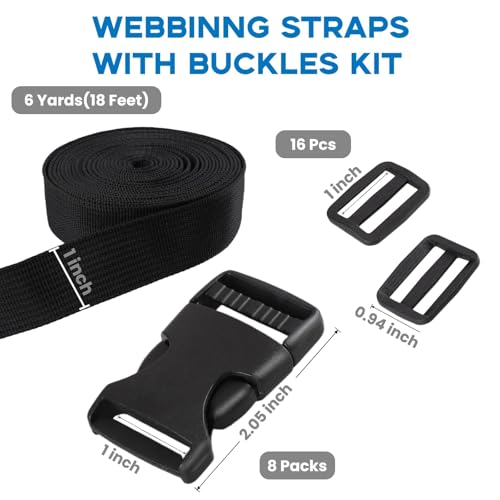 Strap and Buckles kit - 18 ft Nylon Webbing 1 inch wide, 8 Pack Quick Release Buckle, 16 pieces Tri-Glide Slide Clips, Black Stylish Plastic Buckles for Strips 1 inch Set, Adjustable Non-sewing