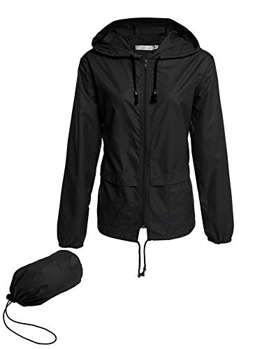 Avoogue Raincoat Women Lightweight Waterproof Rain Jackets Packable Outdoor Hooded Windbreaker - color: Black, size: Small