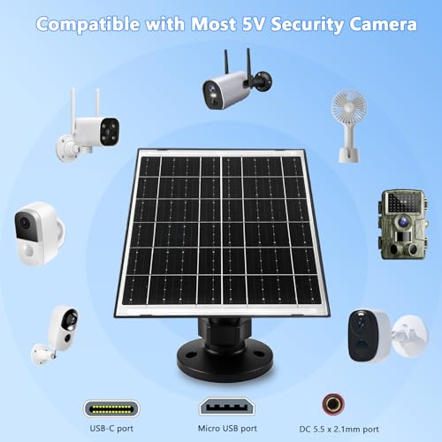 Zivif 10W Solar Charger for Battery-Powered Security Camera Outdoor | 5V Solar Panel with USB-C, Micro USB & DC 5.5×2.1mm Ports, IP66 Waterproof, 360° Adjustable Mount, 7.2ft Cable - color: 10W Black