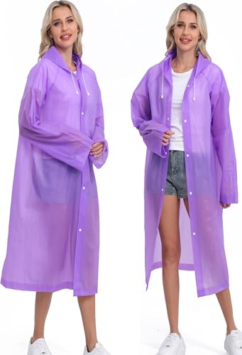 2-Pack Reusable Rain Ponchos for Adults, HOOMBOOM Raincoats Emergency for Women/Men with Drawstring and Sleeves - color: Purple