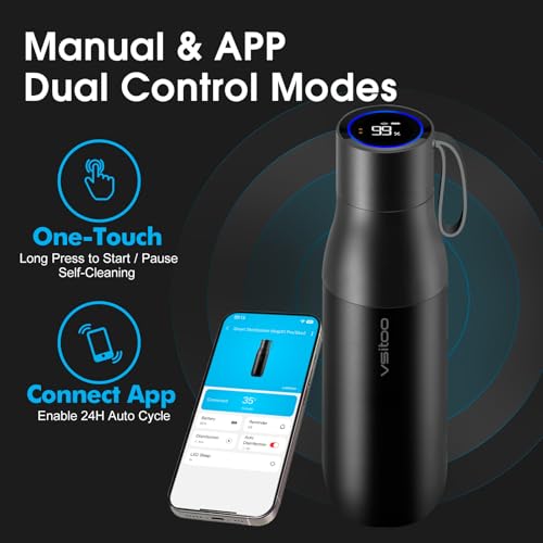 VSITOO S1 Pro 15oz Insulated Stainless Steel Self-Cleaning Water Bottle | Mini 15oz Insulated Bottle With Auto Self-Cleaning, App or Touchscreen Control, Temp Display, 30-Day Battery & 24H Cold - color: Black, size: 15 Ounces