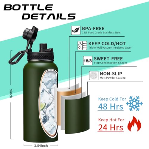 Insulated Water Bottle 32 oz - Cold-48h & Hot-24h Stainless Steel Vacuum Flask with Straw & Pop-up Chug Lid, Leak Proof 32oz Water Bottles, Wide Mouth Hydro Metal Thermal Cups for Gym Work - color: Army Green, size: 32 Ounces