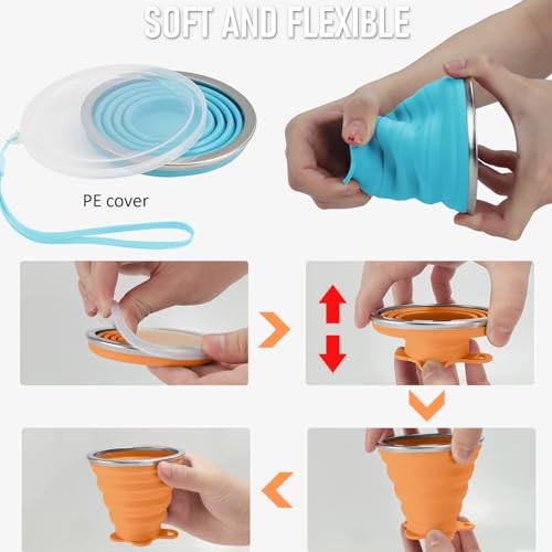 JBER Silicone Collapsible Travel Cup, 4 Pack Silicone Folding Camping Cup with Lids Expandable Drinking Cup Set BPA Free Reusable Portable Graduated for Outdoor Hiking Travel - color: 4 Pack-Orange-Blue-Purple-Coffee