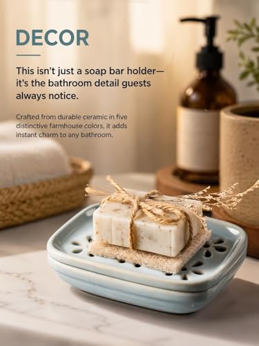 Miamolo Soap Dish for Shower with Drainage 2-Tier Bar Soap Holder Mess-Free | Ceramic, Removable Drip Tray, Large for 2 Bar Soaps Shampoo, Sponge, Bathroom Sink Counter | Easy Clean Dishwasher Safe, Blue - color: Blue