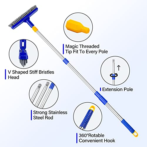 ITTAR Grout Brush with Long Adjustable Handle, Swivel Scrub Brush, V-Shape Grout Line Scrubber with Stiff Bristle for Deep Cleaning Tile Grout, Shower, Kitchen, Hard-to-Reach Corners - color: Blue Head