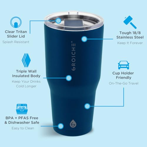 GROSCHE Yukon Triple Insulated Coffee Travel Mug with Lid - 30 oz Blue - color: Blue, size: 30 Ounces