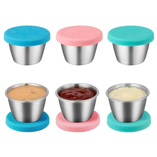 6-Pack 2.4oz Stainless Steel Dressing Container with Silicone Lid | Leakproof and Reusable Small Condiment Containers, Sauce Cups for Salad Dressing, Lunch Boxes & Meal Prep, Dishwasher Safe