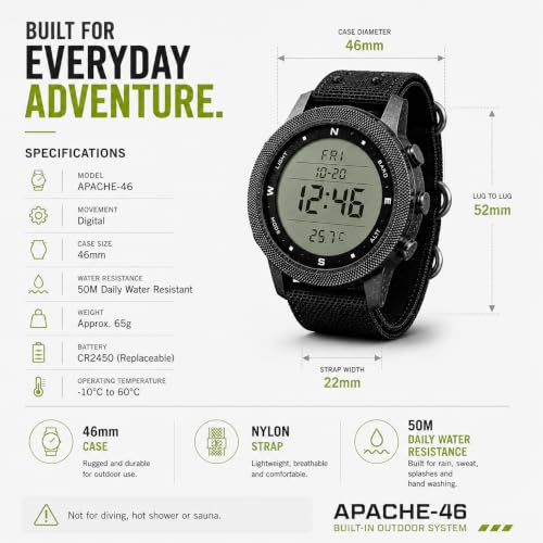 NORTH EDGE Apache 46 Men’s Outdoor Digital Watch Bundle with Extra 22mm Black Silicone Band, Altimeter Barometer Compass, Pedometer, Weather Trend, EL Backlight, 50M Water Resistant Hiking Watch