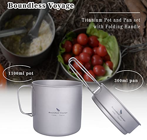 Boundless Voyage Camping Titanium Pot Pan Set with Folding Handles Outdoor Picnic Hiking Bowl Plate Mess Kit Tableware Cookware Ti2053C