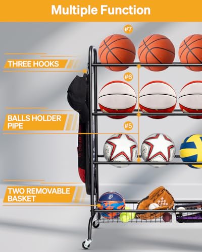 EXTCCT Basketball Rack with Wheels, 4 Tier Garage Ball Storage Organizer | Heavy duty rolling balls cart with two basket storage, ball holder, Sports equipment organized for outdoor, indoor, Black - color: Standard Black