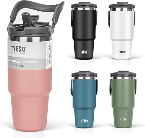 TYESO Tumbler with Handle,Tumbler with Straw, Vacuum Insulated Water Bottle,Double Wall Stainless Steel Coffee Cup Travel Mug Leak Proof Flip (Pink, 30 oz)