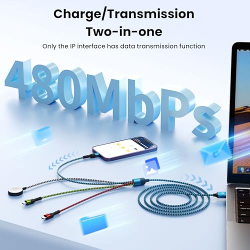 Travel Essentials 4 in 1 Multi Charging Cable for iWatch Charger, 2Pcs 5FT | Travel Charging Cords for Multiple Devices with Dual Type-C/IP/iWatch Charger, Travel Cable for iWatch Ultra/11-2, iPhone17-8 - color: Blue