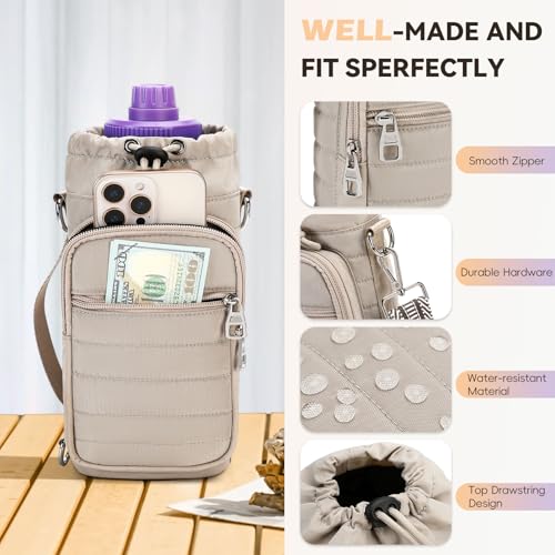 Water Bottle Carrier bag with Strap Phone Pocket for Walking, Hiking, Cycling - color: 2-Khaki, size: 32oz-40oz
