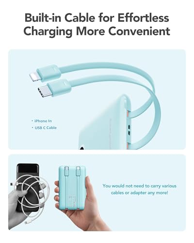 Mini Portable Charger with Built-in Cables 20W Fast Charging Power Bank USB-C Small Battery Pack 10000mAh Travel Essential Slim Battery for iPhone 17/16/15/14, Samsung 25/24, and More | with Built-in Cables Power Bank,USB-C Small Battery Pack Travel Essen
