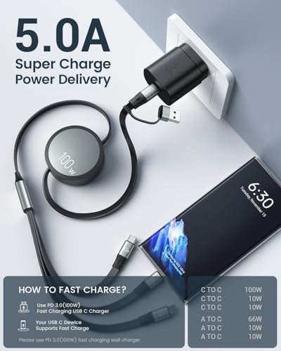 CAFELE Retractable Charging Cable, 100W USB C Fast Charger Cable 3 in 1 with [30-130cm] Adjustable Length, Multi-Port Cord for Laptop, Phone, Car, Travel - PD3.1/QC5.0（Grey） - color: Grey-5