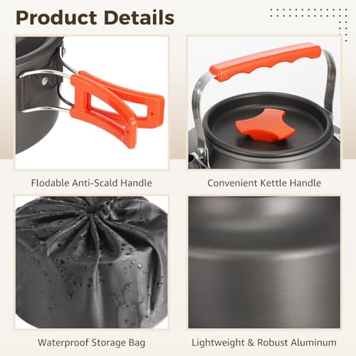 10 PCS Camping Cookware Set, Camp Pot Pan Kettle Plastic Bowls Soup Spoon, Lightweight Aluminum Outdoor Cooking Set with Drawstring Storage Bag for Backpacking Hiking RV Trip