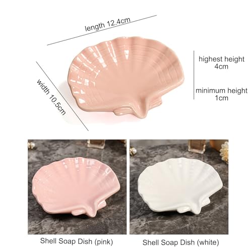 Ceramic Soap Holder, Sea-Shell Soap Tray with Self Draining, Soap Tray for Sink Washroom Bathroom Shower, Small Cute and Elegant Holder with Glaze, Easy Cleaning (White) - color: White