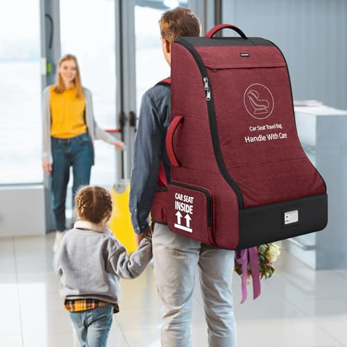 RAINSMORE Padded Car Seat Travel Bag for Airplane Car Seat Backpack, Red - color: Red&Black