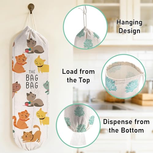 2Pcs Cat Plastic Bag Holder for Kitchen Essentials, Reusable Hanging Grocery Bag Organizer, Washable Large Grocery Trash Bags Storage Dispenser - style: Cat