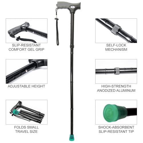 FSA/HSA Eligible, Vaunn Medical Easy Grip Height Adjustable Folding Cane/Walking Stick with Strap/Pouch- Compact, Portable, and Safe Walking Assistant- Non-Slip Grip Handle- Men, Women, Elderly - style: Glow Tip