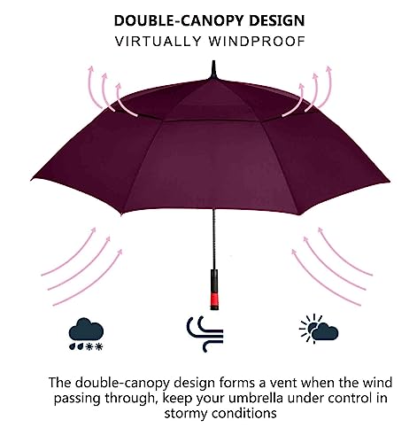 62/68/72 Inch Large Golf Umbrella Windproof Waterproof Auto Open | Oversized Double Canopy Vented, 210T Waterproof Pongee Fabric, Light Fiberglass Frame, Unique Red Foam Handle - color: Wine Red-Red Handle, size: 68"