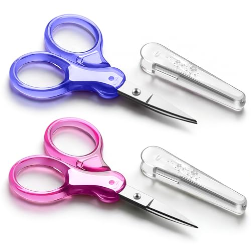 Zicolu 3.5" Small Craft Scissors all Purpose, Straight and Curved Fine Tips for Yarn Fabric Cutting, Mini Scissors with Protective Cover for Sewing, Embroidery, Crochet, Red+Purple, Transparent handle - color: Red+purple(2pcs/Curved+straight Tip)