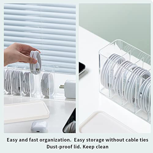 Charger Cable Cord Storage Organizer Box - Easy Storage Without Cable Ties | Stackable,with Lid,Dust-Proof,Space Saving,6 Standard Space and 1 Larger Space,for Home Office Desk Accessories Supplies