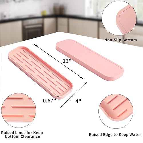 MicoYang Silicone Kitchen Sink Organizer Tray for Multiple Usage,Easy Clean,Eco-Friendly Sponges Holder for Kitchen Bathroom Counter or Sink,Dish Soap Dispenser,Scrubber,Bottle,Cup Pink 12" x 4” - color: Pink, size: 12" x 4" x 0.7"