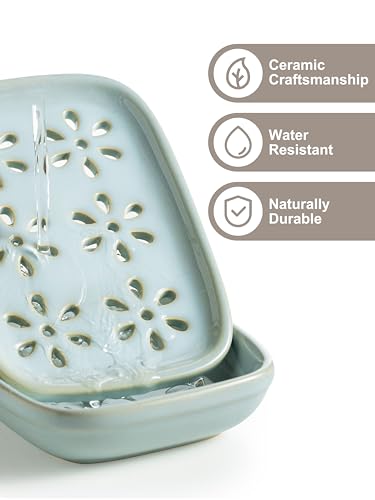 Miamolo Soap Dish for Shower with Drainage 2-Tier Bar Soap Holder Mess-Free | Ceramic, Removable Drip Tray, Large for 2 Bar Soaps Shampoo, Sponge, Bathroom Sink Counter | Easy Clean Dishwasher Safe, Blue - color: Blue