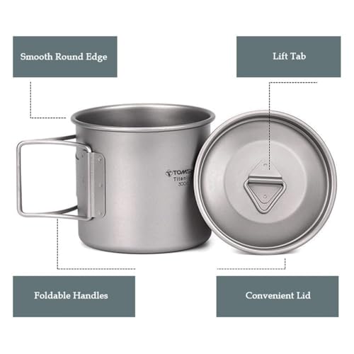 TOMSHOO 450ml/15oz Titanium Mug Camping Titanium Pot with Lid | Camping Coffee Cup with Foldable Handle, Backpacking Cup for Hiking Travelling Camping Open Fire - size: 420 Ounces