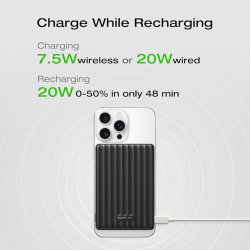 EF ECOFLOW Rapid Magnetic Portable Charger, Ultra-Slim 5,000mAh Wireless Charging Power Bank, Magsafe-Compatible Battery Pack for iPhone 16/15/14/13/12 Series - color: Black