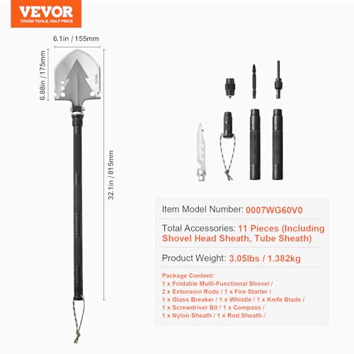 VEVOR Survival Shovel, 11 in 1 Camping Shovel Folding Multitool Kit, Portable and Compact, Stainless Steel, Multifunction for Off-Roading, Camping, Hiking, Outdoor, Survivalist and Emergency - size: 11 in 1