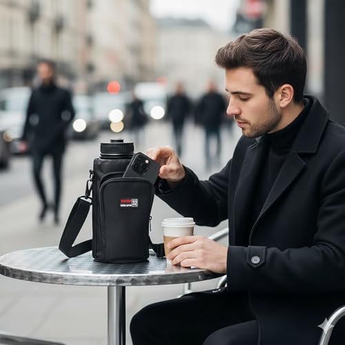 32 oz Insulated Water Bottle Holder with Strap & Pocket for Walking - color: Black-1, size: 32oz