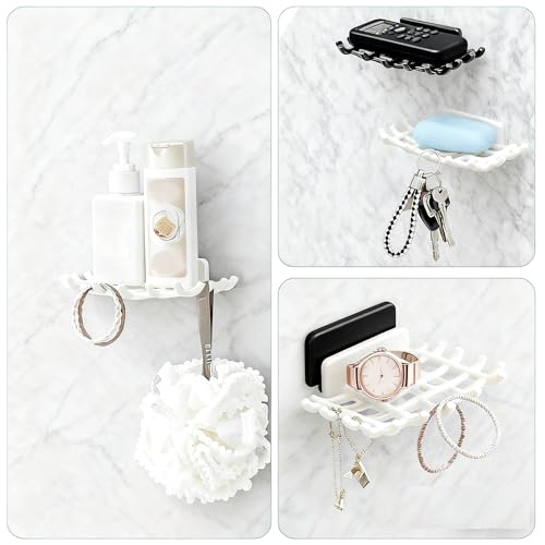 2 Pack Adhesive Soap Dish for Shower White, Soap Bar Holder for Shower Wall, No Drilling Adhesive Soap Dish with Hooks, Waterproof Wall-Mounted Soap Holder for Bathtub and Kitchen Sink (White)