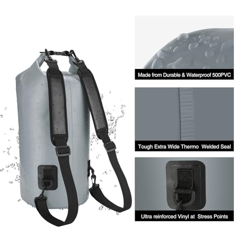 Piscifun Dry Bag, Waterproof Floating Backpack 10L/20L/30L/40L | Waterproof Phone Case, Adjustable shoulder straps, Roll-top closure keeps gear dry, Ideal for Boating, Kayaking, Fishing - color: Grey, style: 10l