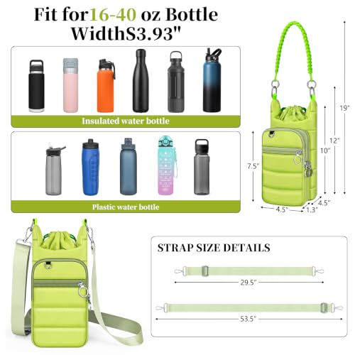 bvya Puffer Water Bottle Holder Quilted Sports Pouch Bag with Adjustable Shoulder Strap & Paracord Handle - color: Green