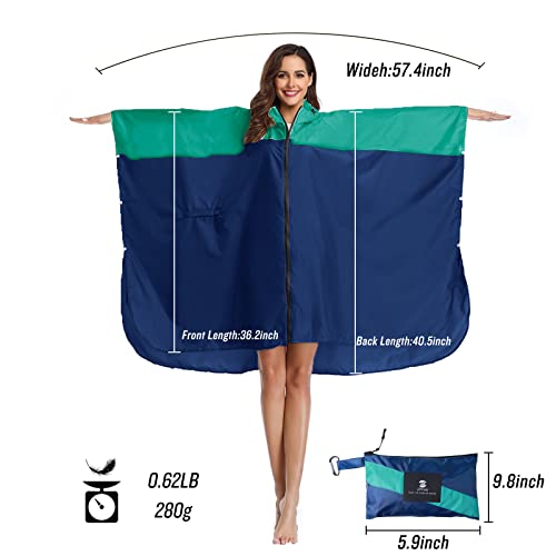 SaphiRose Adult Rain Poncho Waterproof Hooded Zipper Raincoat with Pockets - color: A-green-navy