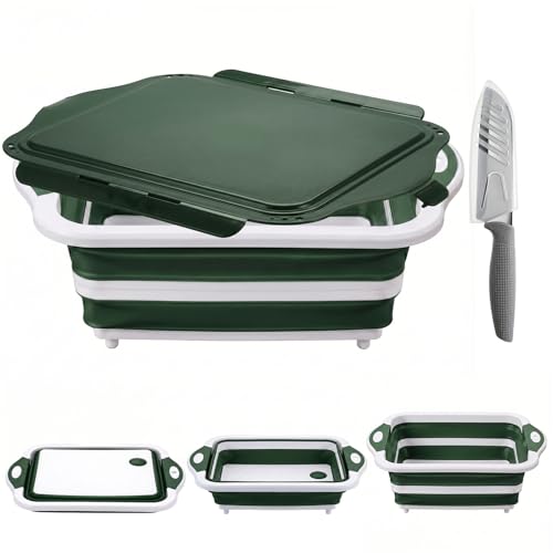Collapsible BBQ Prep Tub with Lid, Foldable Camping Sink with Colander, Cutting Board, Dish Basin for Kitchen, Bowl, Vegetable and Fruit, Storage Basket for Picnic-Green - color: Green