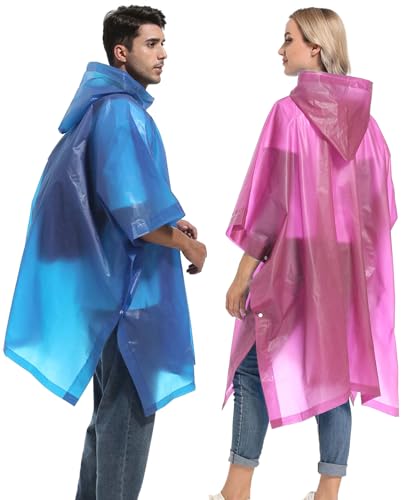 Reusable Rain Ponchos with Drawstring Hood for Adults, Waterproof Thicken Rain Coat, 2 Packs - color: Pink Blue (2-pack)