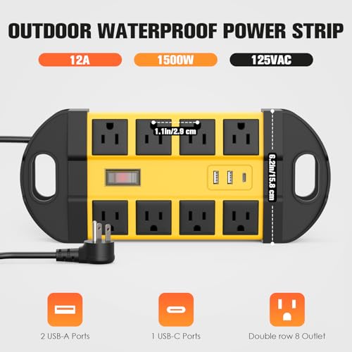 HHSOET Outdoor Weatherproof 8 Outlet Power Strip, IPX6, Yellow, 6FT | Outdoor Power Strip, IPX6 Waterproof Surge Protector, 2 USB-A 1 USB-C Ports, for Outdoor Patio Garden Porch Garage - color: Yellow, size: 6ft
