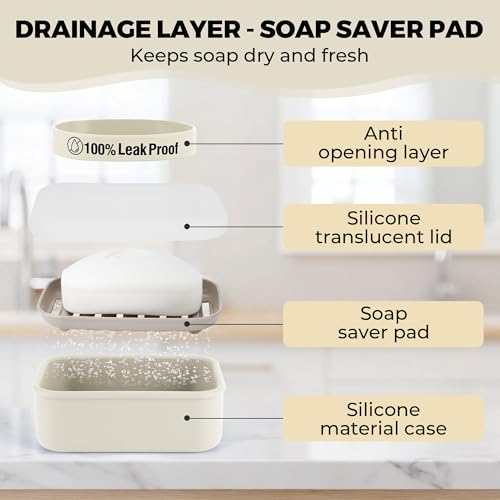 Compact Leakproof Travel Soap Case with Lid & Silicone Strap - Portable Draining Soap Bar Holder for Gym, Bathroom, Camping - Lightweight Silicone Soap Dish Container (Off-White) - color: Off-white