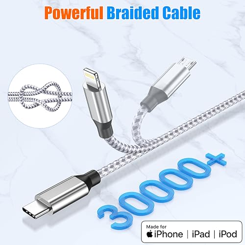 Multi Charging Cable 4ft 3Pack 3 in 1 Charger Cord, Multiple Usb C Cable | Nylon Braided Cable USB Charging Cable Multi Phone Charger Cord with Type C Micro Lightning for Apple iPhone17-5 Cell Phones - color: White/Silver-4ft