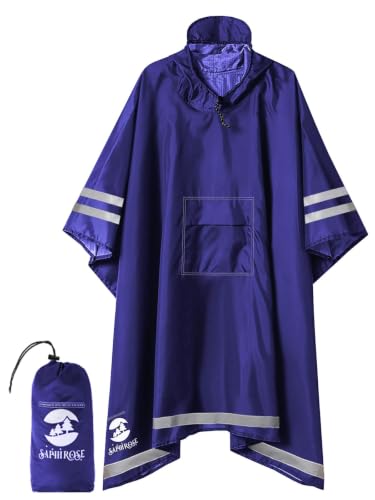 SaphiRose Hooded Rain Poncho Waterproof Raincoat Jacket for Men Women Adults - color: Deep Blue03 (With Reflective Stripes)