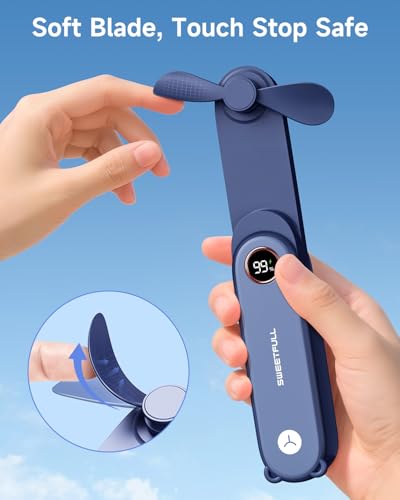 SWEETFULL Portable Handheld Mini Fan with LED Display, 3-in-1 Personal Foldable USB Rechargeable Hand Held Fan & Flashlight for Travel, Lash Eyelash, Cute Small Pocket for Women, Girls - color: Blue
