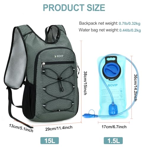 BOVIP Lightweight Hydration Back,15L Multipurpose Hiking Backpack with 1.5L Water Bladder ,Hydro Water Daypack for Cycling Hiking Rave for Men Women - size: Gray