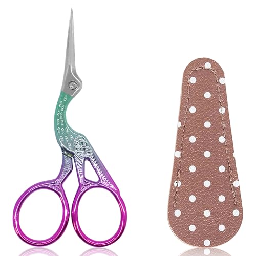 BIHRTC 3.6" Precision Crane Scissors,Stainless Steel with Leather Cover | 3.6 Inch Small Scissors for Embroidery,Scrapbooking,Detailed Craft Work,Sewing,Needlework - color: Green Pink, size: 3.6inch
